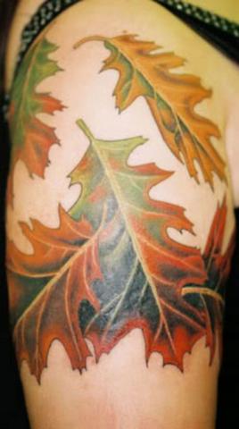 Цветная тату на плече девушки в виде осенних листьев
