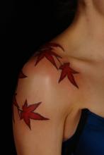 Цветная тату на плече у девушки в виде листьев